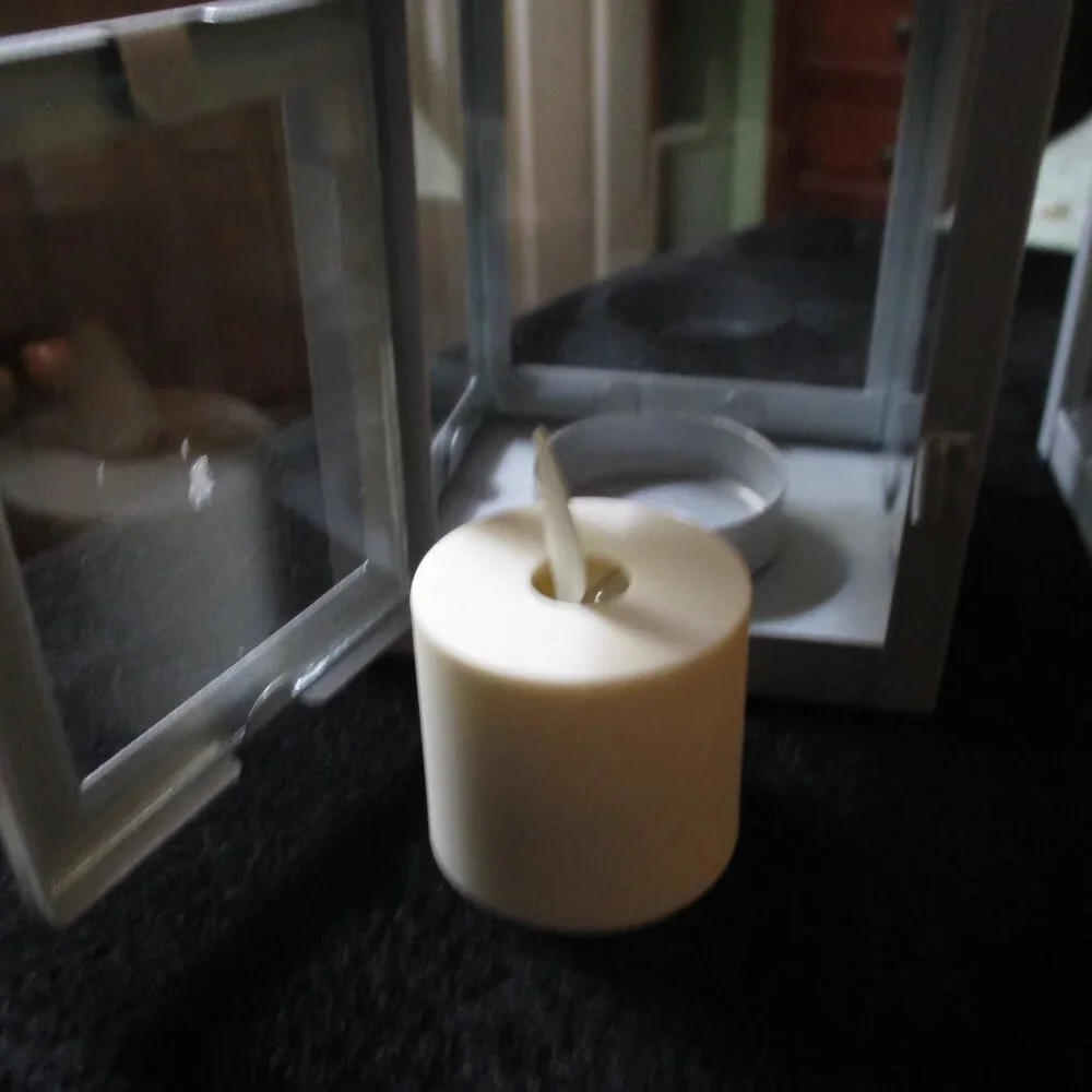 Set of Two Small Metal Lanterns w/Fickering Votive Lights